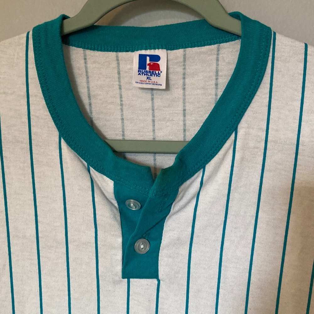 Russell Athletic Vintage Men's White Teal Pinstripe Henley Baseball T-shirt XL - Picture 2 of 4
